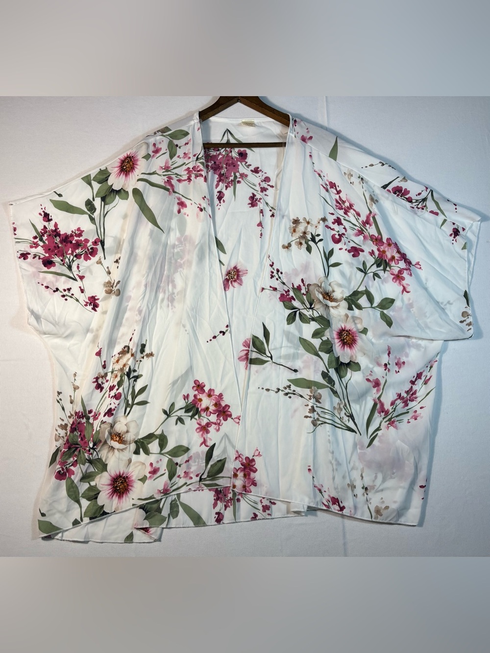 I Joah Women’s L Floral Open-Front Kimono Top White Pink Floral Short Sleeve